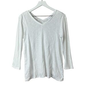 J Jill Ribbed White Double V Neck Top Women Sz S